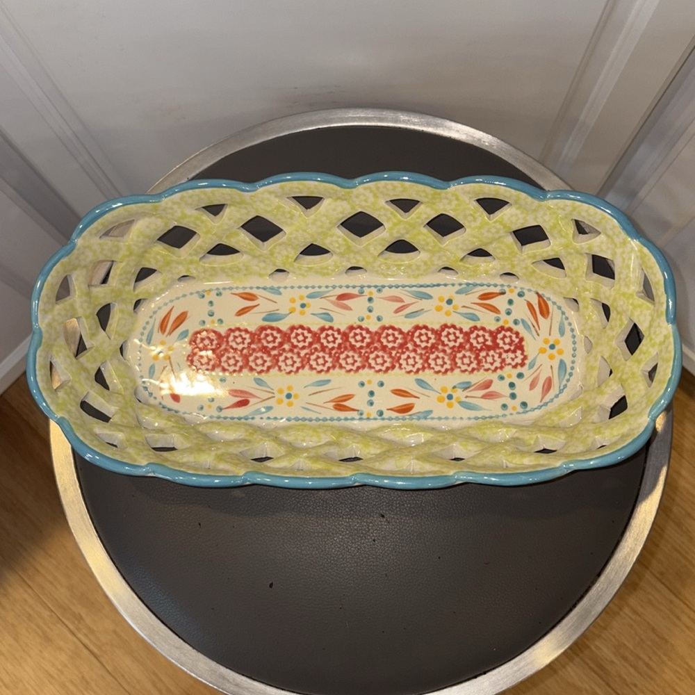 Temp-Tations Old World Multicolor Woven Ceramic Basket, Hand-painted, 14” Long